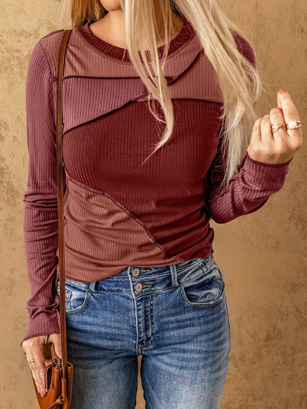 NWOT Colorblock Ribbed Long-Sleeve Top - Wine